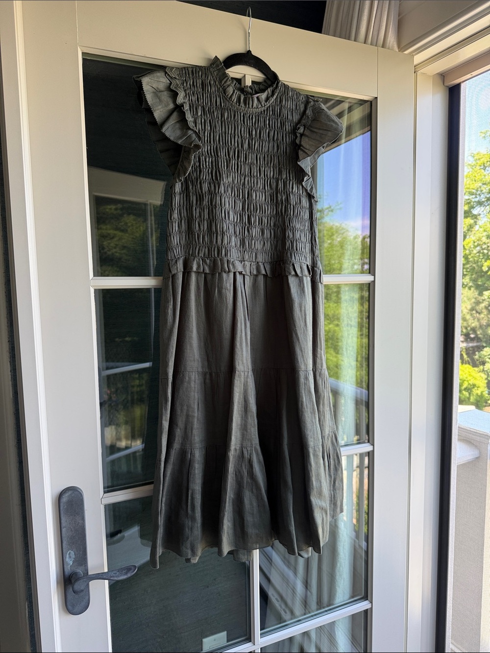 Sea New York Olive Green Smocked Ruffle-Sleeve Midi Dress